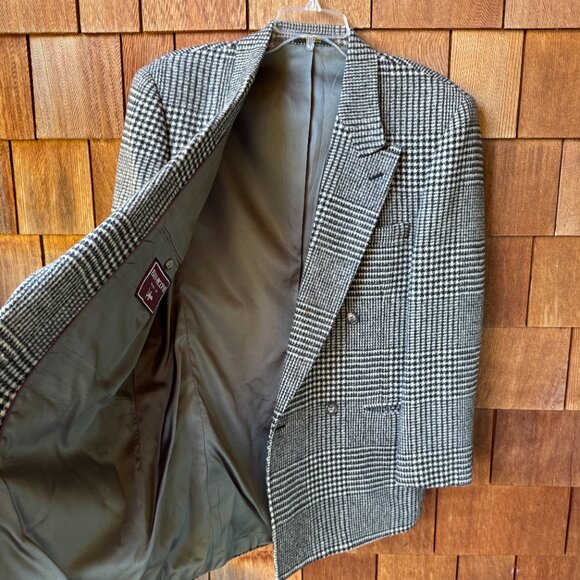 Vintage Evan Picone Black and Cream Plaid Wool Double Breasted Blazer in Large - Picture 7 of 11